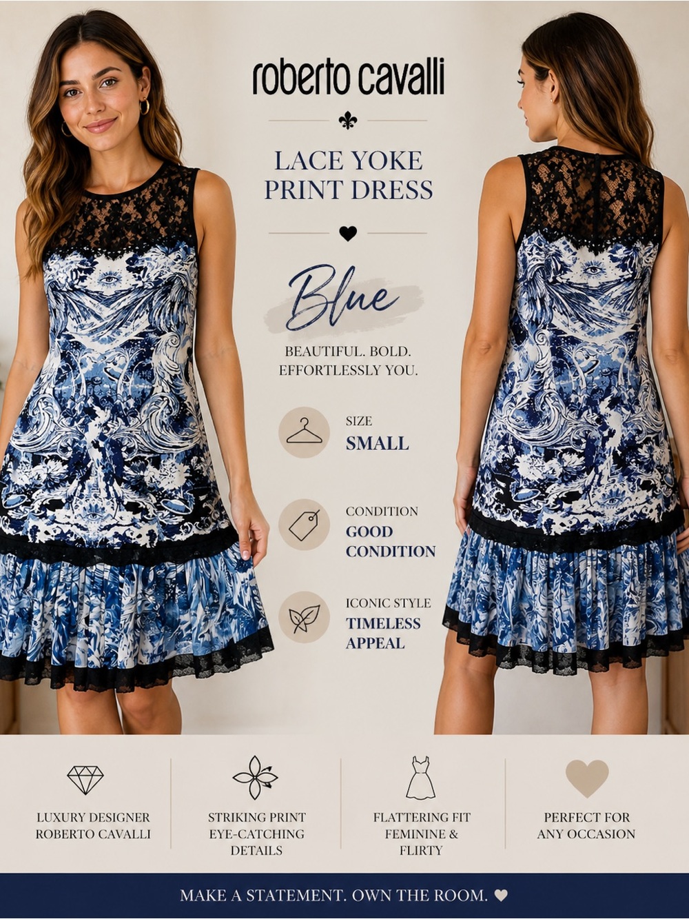 Roberto Cavalli Blue and Black Lace Yoke Mini Dress